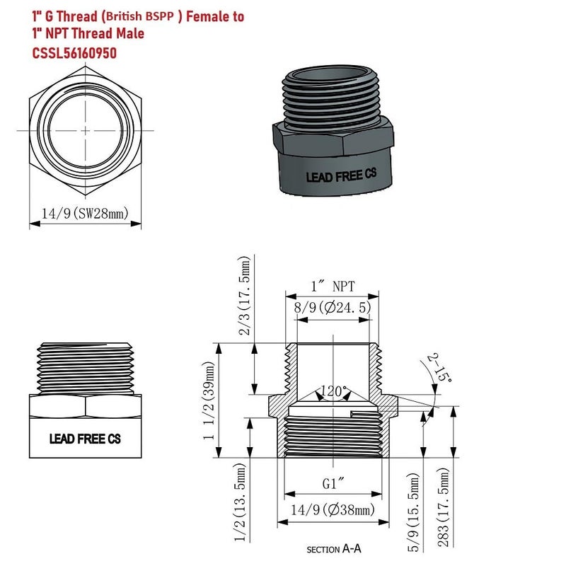 Cascada Showers G Thread (British BSPP) Female to NPT Thread Male Pipe Fitting Adapter - Lead-Free (1" x 1" (1 Piece)) - Image 2